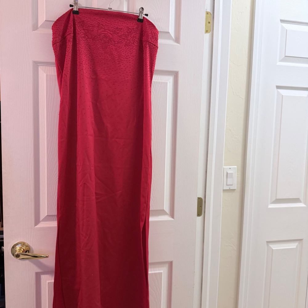 Vintage Sally USA Red Rhinestone Strapless Evening Gown Formal Dress Made USA - Picture 2 of 16